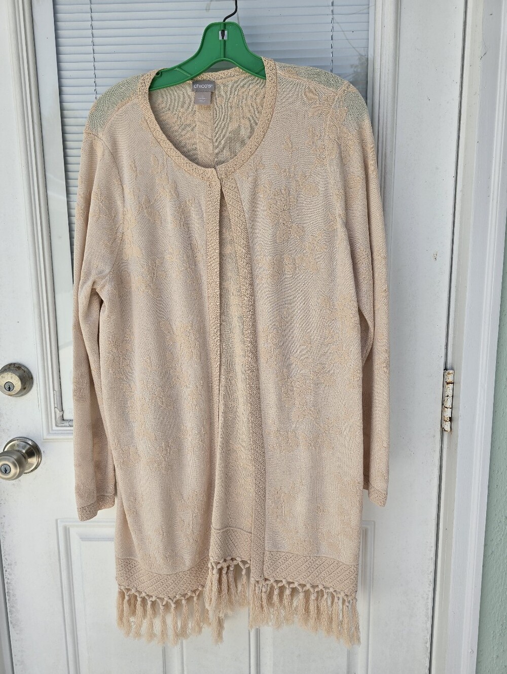 Chico's Light Cream Open-Front Fringe Knit Cardigan